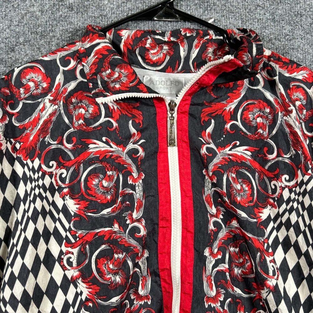 Adolfo Sport Jacket Womens Size L Red Baroque Checkered Nylon Zip Up Retro 90s